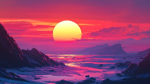 Vivid alien sunset over icy mountains and sea.