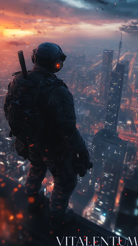 Armored recon operative overlooking neon-lit megacity skyline