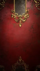 Gilded crimson wall with baroque scrollwork quietly smoldering.