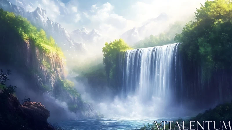 High-dynamic-range mountain waterfall with volumetric mist rendering