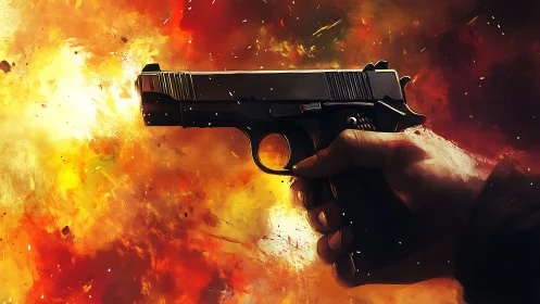 Tactical Handgun Against Explosive Firestorm. Professional Render.