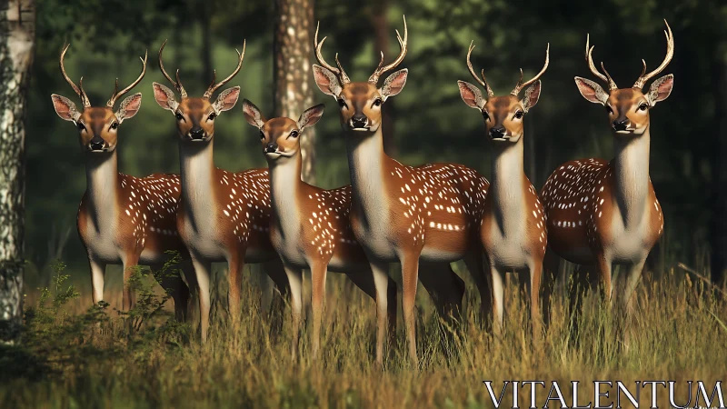 Group of spotted deer with antlers standing alert in forest