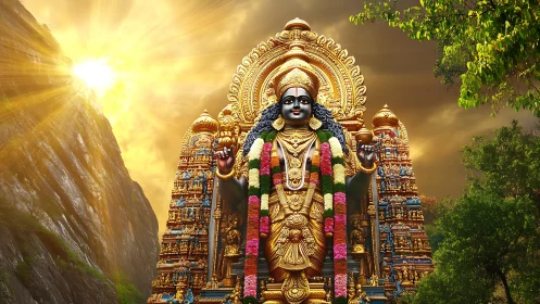 Golden Hindu temple deity statue under dramatic sky.