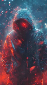 Hooded cyber figure emerges amid blazing neon embers.