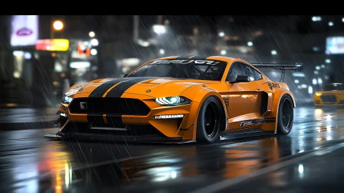 Orange race car powers through neon-lit rainy city street.