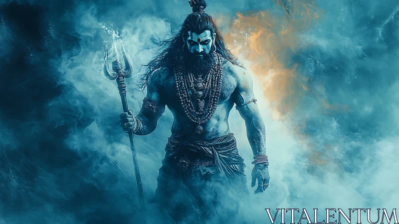 Mythic blue warrior amid swirling cyan smoke clouds.