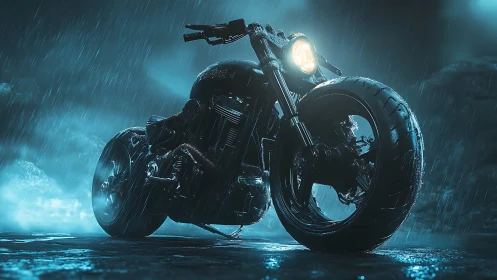Custom black motorcycle in heavy rain under blue light.