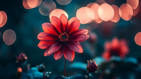 Red Dahlia Bloom Against Bokeh Lights.