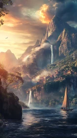 Sailboat nears misty cliff city beneath glowing sunset sky.