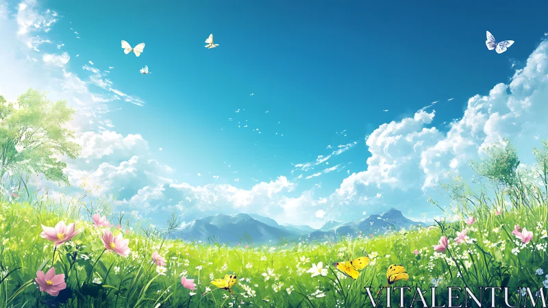 Sunlit meadow dreams under a wide open blue sky.