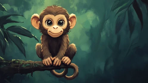 Digital jungle study of wide‑eyed infant monkey on branch.