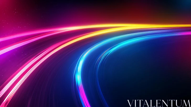 Curved neon light trails on dark gradient background.