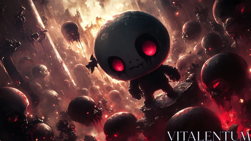 Chibi skull figure amid glowing red-eyed floating heads.