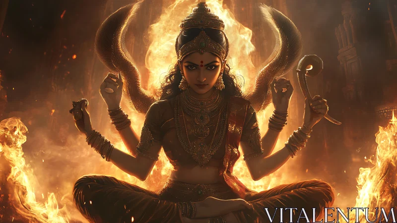 Multi-armed seated deity with fire and serpents in temple space.