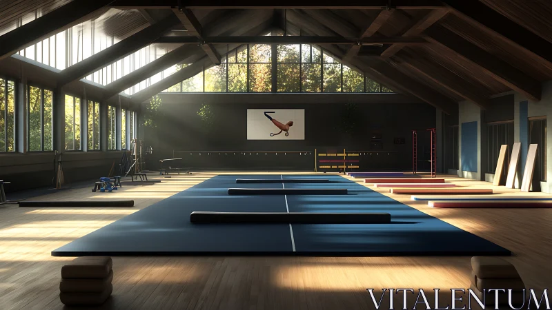 Sunlit wooden-girder gymnasium with parallel blue mats and beam