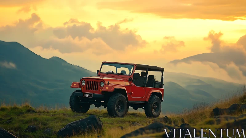 Crimson cliff-climber pausing in golden mountain twilight.