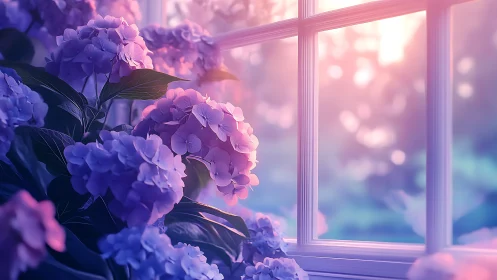 Hydrangea blooms refracted through soft bokeh window light
