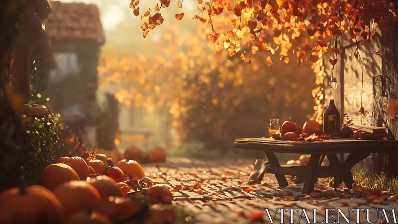 Autumn courtyard table with pumpkins in golden sunset glow.