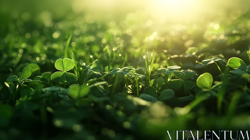 Green clover foliage under low sunlight with shallow focus.
