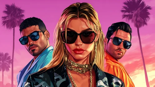 Neon sunset trio strides through glossy palm lined cool. Period.