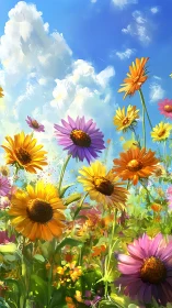 Colorful daisies bloom against blue sky with white cumulus clouds.