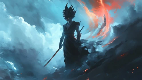 Volumetric storm samurai with bifurcated elemental aura.