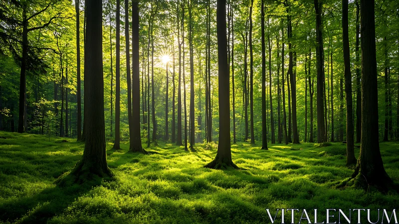 Sunlit green forest with tall trees and lush undergrowth, serene mood.