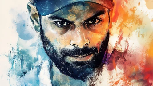 Intense bearded man in cap painted with split color effects