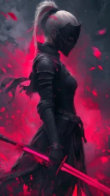 Masked rogue warrior commands neon crimson blade storm.