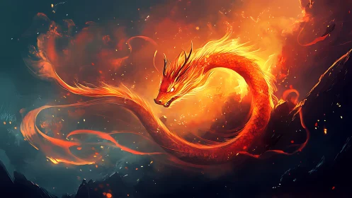 Digital painting of flaming serpentine dragon in motion arc.