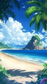 Tropical Beach Cove With Rocky Island and Palm Trees