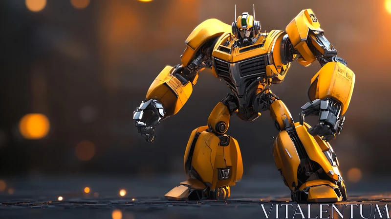 Yellow combat mech ready for urban industrial battle stance.
