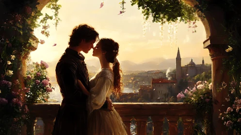 Romantic couple embrace on Italian balcony at sunset.