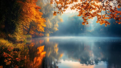 Autumn forest lake reflects orange foliage in soft morning haze
