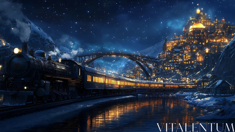 Steam locomotive enters illuminated alpine city at starry night