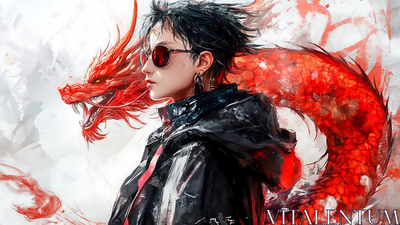 Cool rebel in shades walking beside a fiery red dragon.