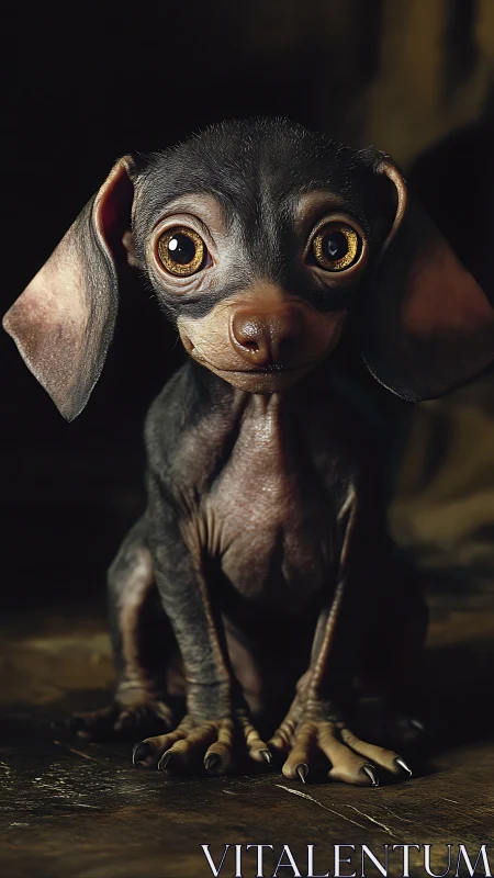 Hyperreal wide-eyed hairless puppy in moody low-key light