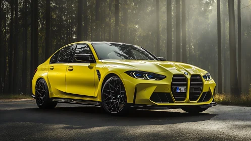 Yellow BMW sports sedan parked on forest road in sunlight.