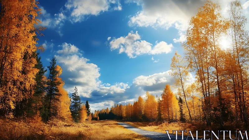 Sunlit autumn forest road curves beneath expansive blue sky