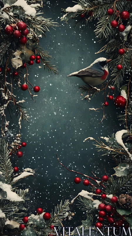 Snow-dusted winter bird framed by red berry garlands.