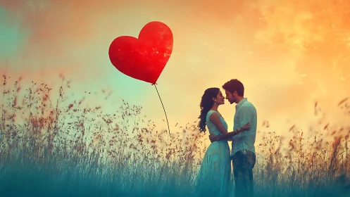 Couple in Wildflower Field Holding Red Heart Balloon