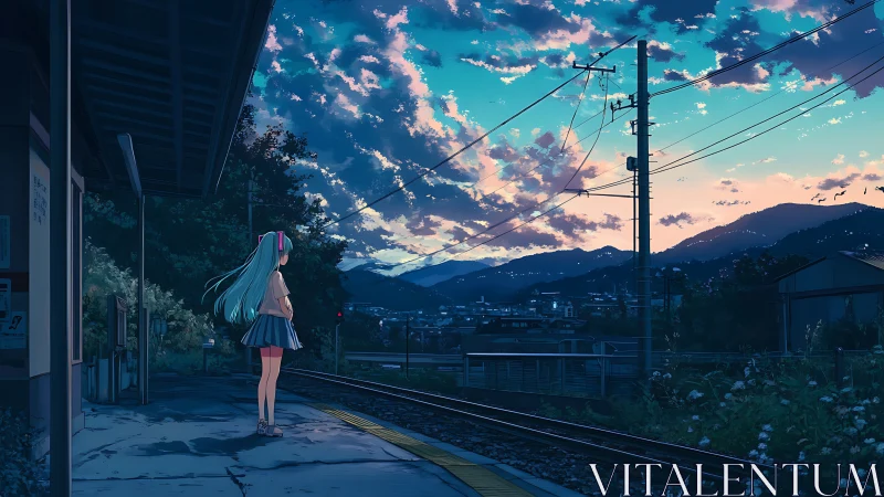 Quiet evening girl waits softly under a glowing sky