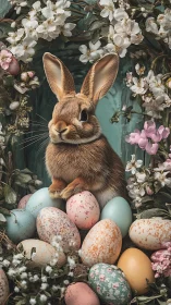 Easter rabbit portrait with speckled eggs and floral wreath.