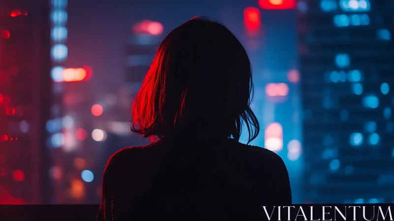 Silhouetted woman overlooking neon cityscape at night.