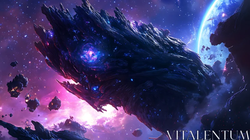 Stellar leviathan of crystal rock drifting through violet void.