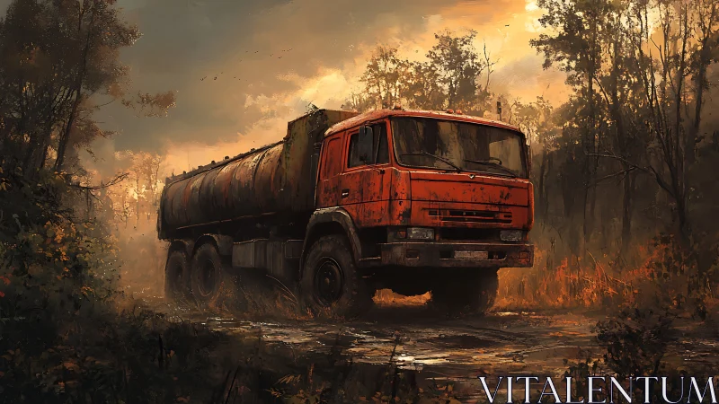 Rust red tanker truck resting in a misty autumn forest.