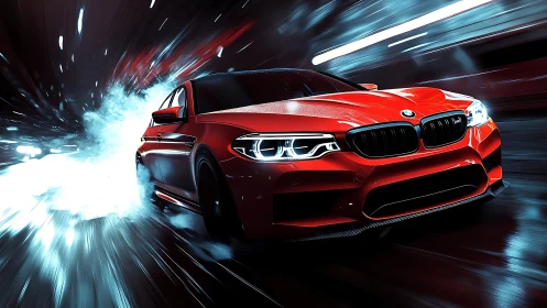 Red BMW sedan in motion on wet urban road at night.