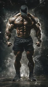 Muscular athlete in dark gym lighting showing full physique.