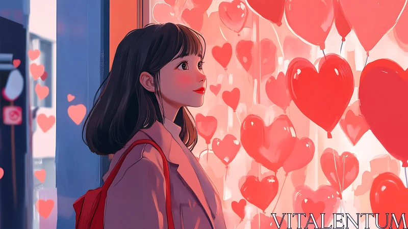 Woman Gazing at Suspended Hearts Display
