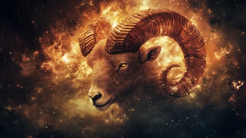 Celestial ram gazes calmly from glowing golden starlight
